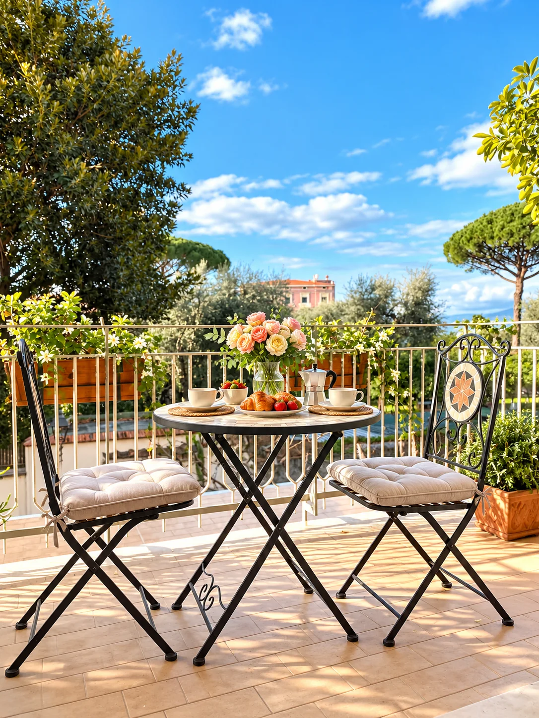 Il balcone del B&B Angelina con tavolino e vista sul giardino